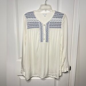 J Jill Tunic Top White Blue Embroidered Long Sleeves Rayon Henley Sz M